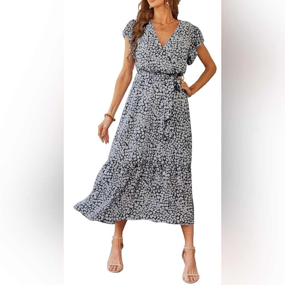 Floral V-Neck Midi Dress in Black and White